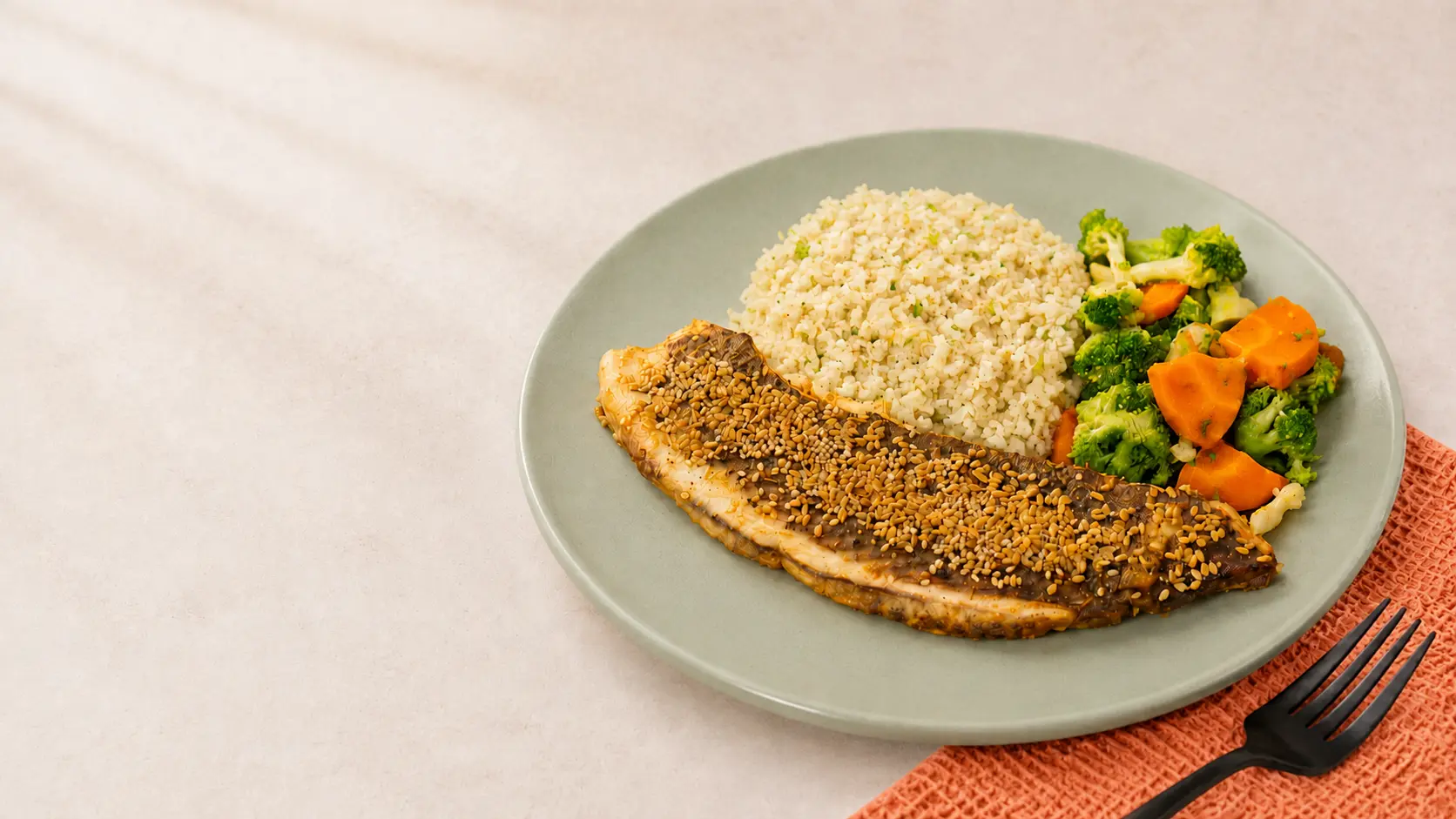 Tilápia assada em crosta com arroz e legumes servida em prato de cerâmica