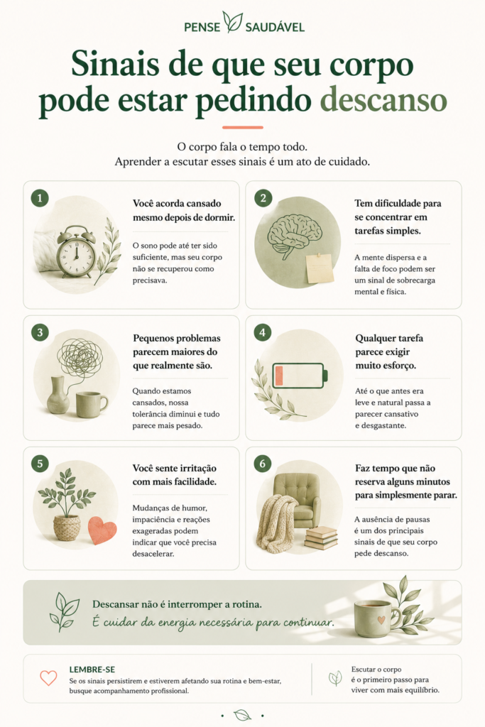 Infográfico 'Sinais de que seu corpo pode estar pedindo descanso'