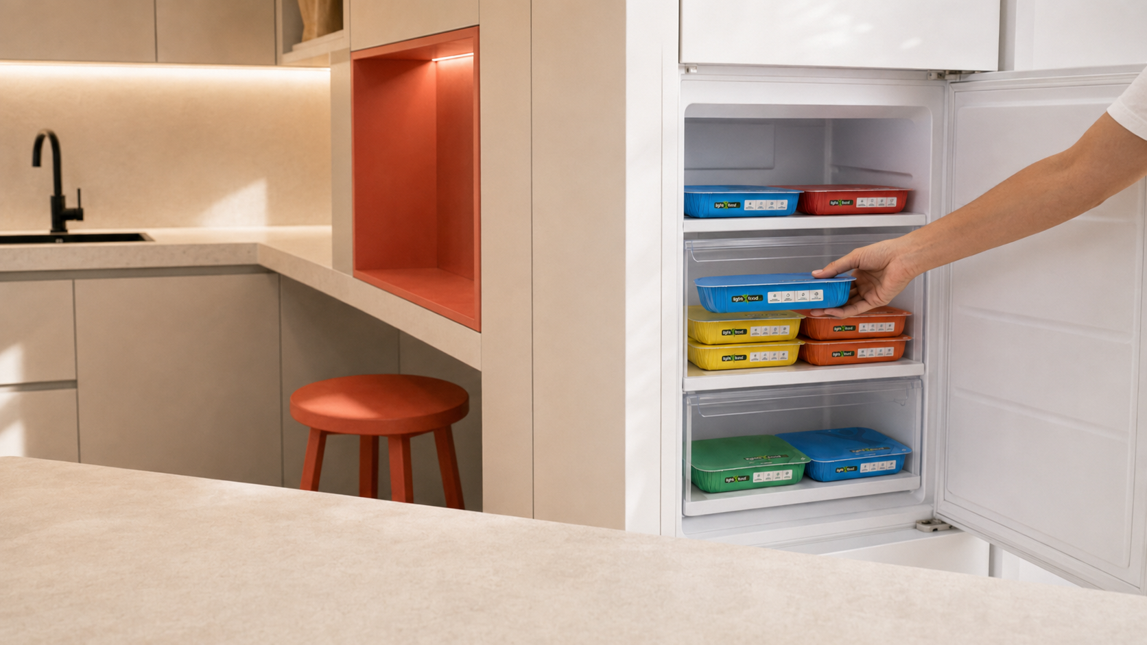 Clube Vida Leve 5 Mão retirando uma refeição Light Food Way de um freezer organizado.