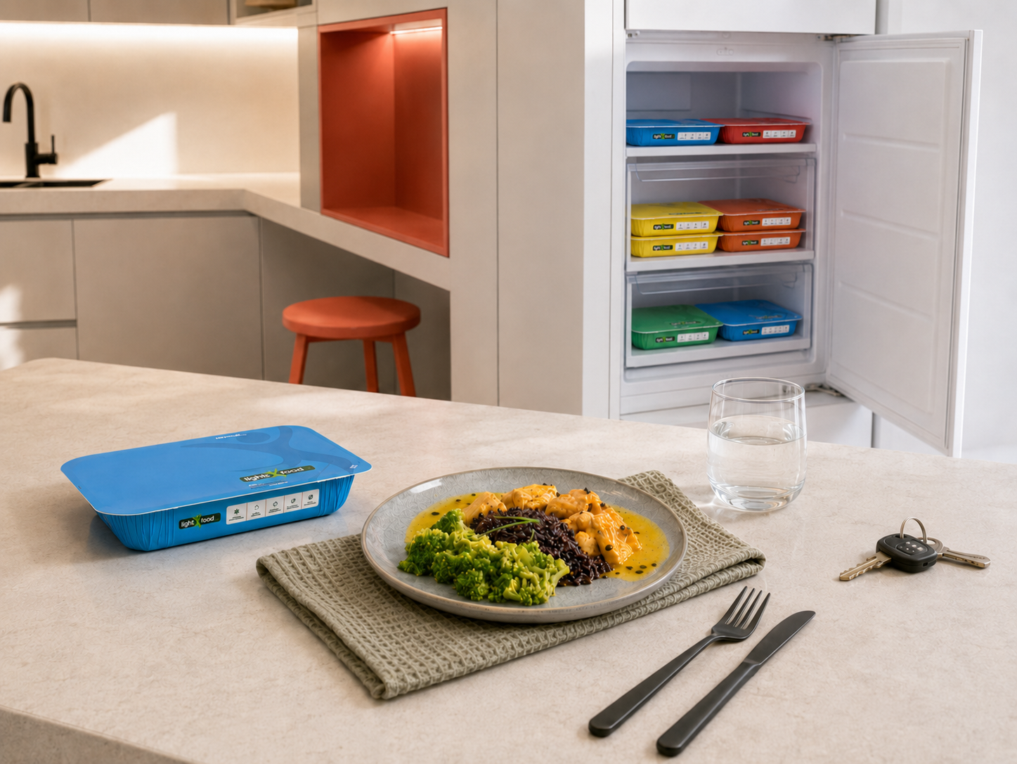 Clube Vida Leve 1 Cozinha contemporânea com refeição Light Food Way, embalagem azul e freezer organizado.
